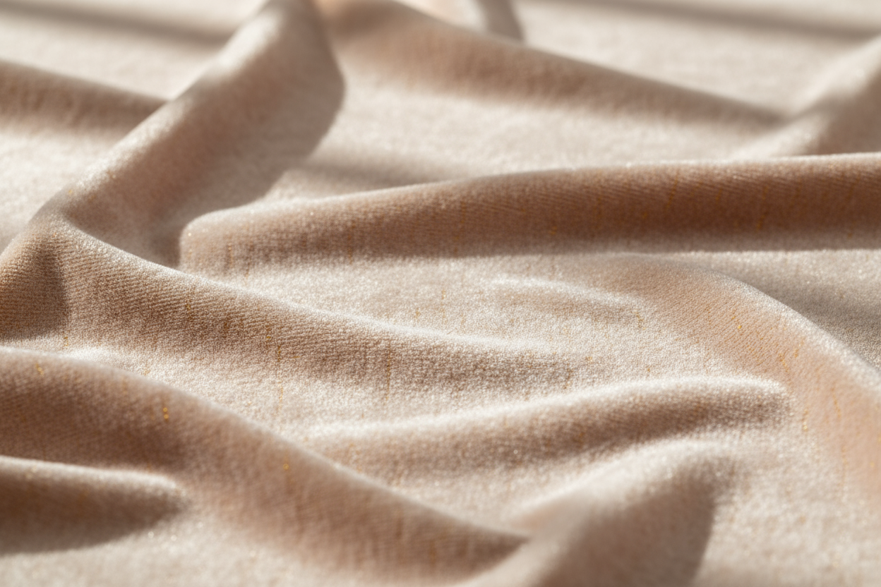 A soft, luxurious fabric texture background with gentle shadows and smooth gradient transitions, warm beige and light rose tones blending seamlessly, minimal and elegant aesthetic perfect for premium underwear brand, subtle lighting creating a calm sophisticated atmosphere, incorporate accent color #F39C12 (warm orange-gold), high resolution, clean and airy composition, professional product photography style PNG