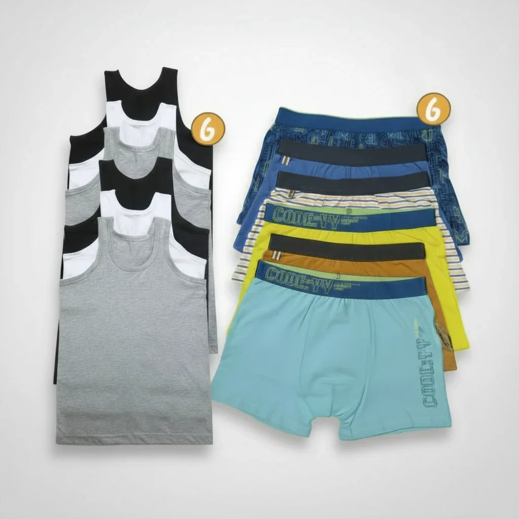 Lot de 6 Boxers et 6 Débardeurs Enfants en Coton pour Garçons - Fabrication Espagnole - Couleurs Variées