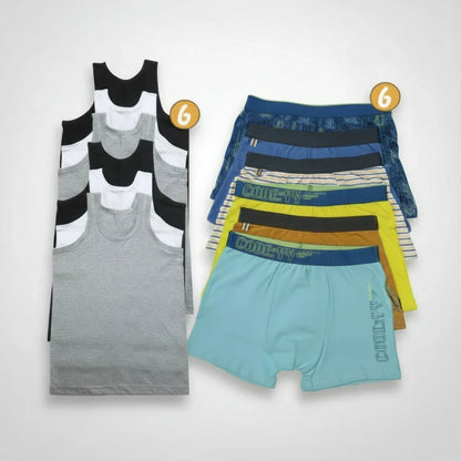 Lot de 6 Boxers et 6 Débardeurs Enfants en Coton pour Garçons - Fabrication Espagnole - Couleurs Variées